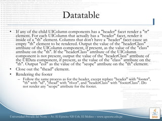 Datatable If any of the child UIColumn components has a "header" facet render a "tr" element. For each UIColumn that actually has a "header" facet, render it inside of a "th" element. Columns that don't have a "header" facet cause an empty "th" element to be rendered. Output the value of the "headerClass" attribute of the UIColumn component, if present, as the value of the "class" attribute on the "th". If the "headerClass" attribute of the UIColumn component is not present, output the value of the "headerClass" attribute of the UIData component, if present, as the value of the "class" attribute on the "th". Output "col" as the value of the "scope" attribute on the "th" element.  Close out the "thead" element. Rendering the footer Follow the same process as for the header, except replace "header" with "footer", "th" with "td", "thead" with "tfoot", and "headerClass" with "footerClass". Do not render any "scope" attribute for the footer. 