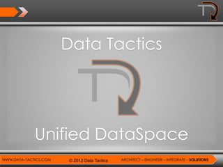 Data Tactics




             Unified DataSpace
WWW.DATA–TACTICS.COM   © 2012 Data Tactics   ARCHITECT – ENGINEER – INTEGRATE – SOLUTIONS
 