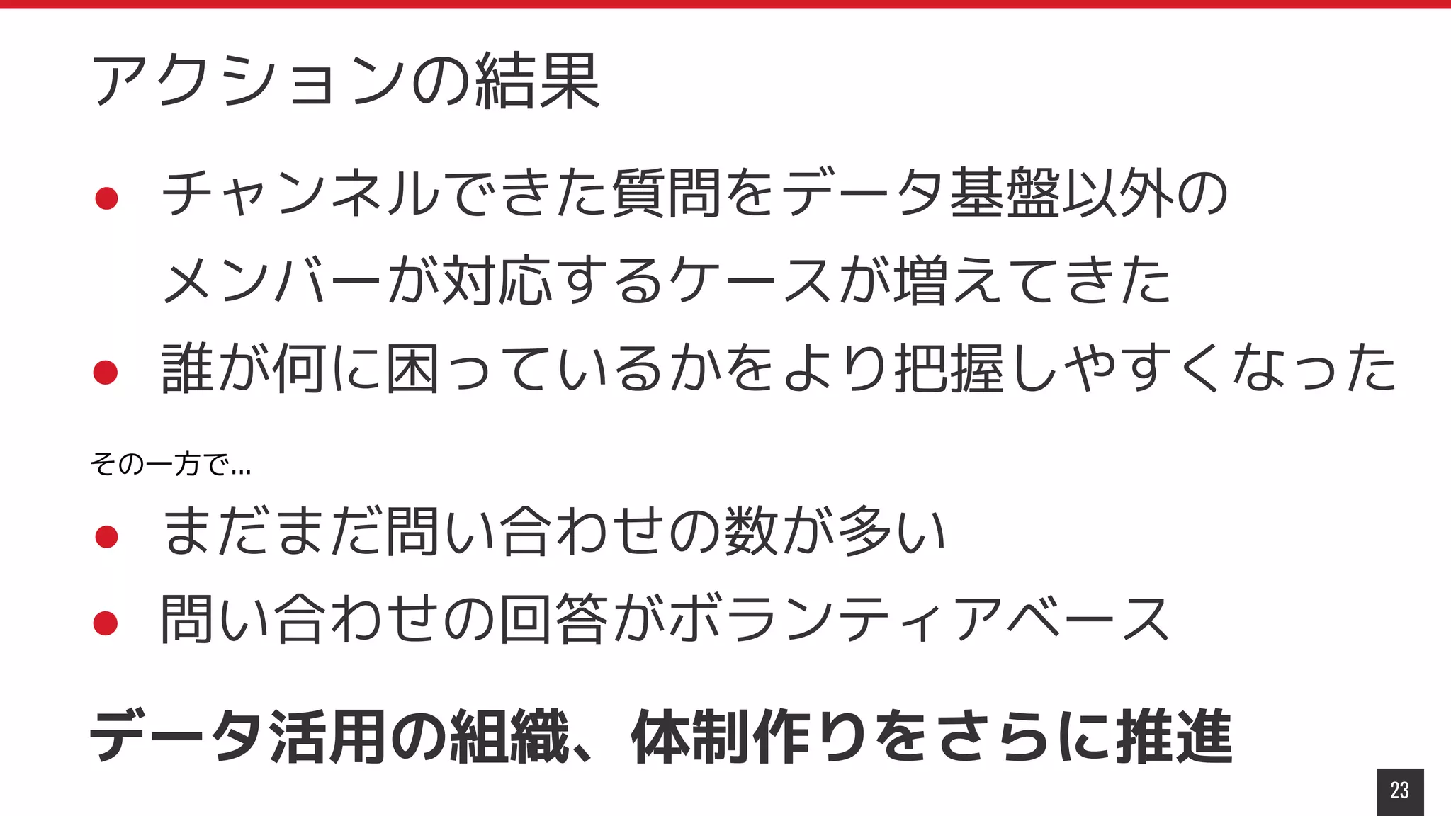 ● チャンネルできた質問をデータ基盤以外の
メンバーが対応するケースが増えてきた
● 誰が何に困っているかをより把握しやすくなった
23
アクションの結果
● まだまだ問い合わせの数が多い
● 問い合わせの回答がボランティアベース
データ活用の組織、体制作りをさらに推進
その一方で...
 