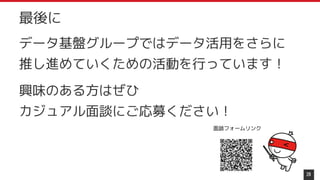 データ基盤グループではデータ活用をさらに
推し進めていくための活動を行っています！
興味のある方はぜひ
カジュアル面談にご応募ください！
28
最後に
面談フォームリンク
 