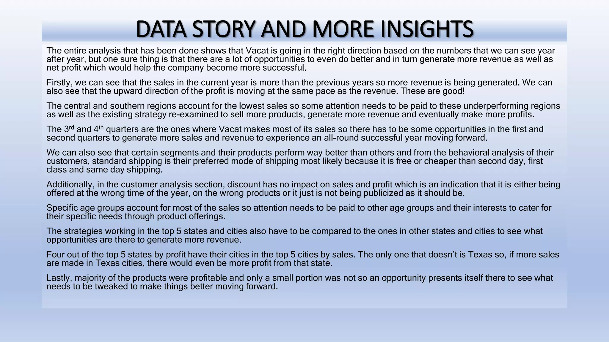 DATA STORY AND MORE INSIGHTS
The entire analysis that has been done shows that Vacat is going in the right direction based on the numbers that we can see year
after year, but one sure thing is that there are a lot of opportunities to even do better and in turn generate more revenue as well as
net profit which would help the company become more successful.
Firstly, we can see that the sales in the current year is more than the previous years so more revenue is being generated. We can
also see that the upward direction of the profit is moving at the same pace as the revenue. These are good!
The central and southern regions account for the lowest sales so some attention needs to be paid to these underperforming regions
as well as the existing strategy re-examined to sell more products, generate more revenue and eventually make more profits.
The 3rd and 4th quarters are the ones where Vacat makes most of its sales so there has to be some opportunities in the first and
second quarters to generate more sales and revenue to experience an all-round successful year moving forward.
We can also see that certain segments and their products perform way better than others and from the behavioral analysis of their
customers, standard shipping is their preferred mode of shipping most likely because it is free or cheaper than second day, first
class and same day shipping.
Additionally, in the customer analysis section, discount has no impact on sales and profit which is an indication that it is either being
offered at the wrong time of the year, on the wrong products or it just is not being publicized as it should be.
Specific age groups account for most of the sales so attention needs to be paid to other age groups and their interests to cater for
their specific needs through product offerings.
The strategies working in the top 5 states and cities also have to be compared to the ones in other states and cities to see what
opportunities are there to generate more revenue.
Four out of the top 5 states by profit have their cities in the top 5 cities by sales. The only one that doesn’t is Texas so, if more sales
are made in Texas cities, there would even be more profit from that state.
Lastly, majority of the products were profitable and only a small portion was not so an opportunity presents itself there to see what
needs to be tweaked to make things better moving forward.
 