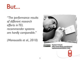 But...
“The performance results
of different research
efforts in TEL
recommender systems
are hardly comparable.”

(Manouse...