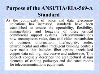 Purpose of the ANSI/TIA/EIA-569-A
Standard
As the complexity of voice and data telecomm-
unications has increased, standards have been
established to ensure the operability, flexibility,
manageability and longevity of these critical
commercial support systems. Telecommunications
now encompasses voice, data and video transmission
of business information, fire/security, audio,
environmental and other intelligent building controls
over media that includes fiber optics, specialized
copper data cabling, microwave and radiowave. This
booklet concisely describes the architectural design
elements of cabling pathways and dedicated rooms
for telecommunications equipment.
 