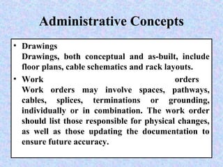 Administrative Concepts
• Drawings
Drawings, both conceptual and as-built, include
floor plans, cable schematics and rack layouts.
• Work orders
Work orders may involve spaces, pathways,
cables, splices, terminations or grounding,
individually or in combination. The work order
should list those responsible for physical changes,
as well as those updating the documentation to
ensure future accuracy.
 