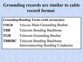 Grounding records are similar to cable
record format
Grounding/Bonding Terms (with acronyms):
TMGB Telecom Main Grounding Busbar
TBB Telecom Bonding Backbone
TGB Telecom Grounding Busbar
TBBIBC Telecom Bonding Backbone
Interconnecting Bonding Conductor
 