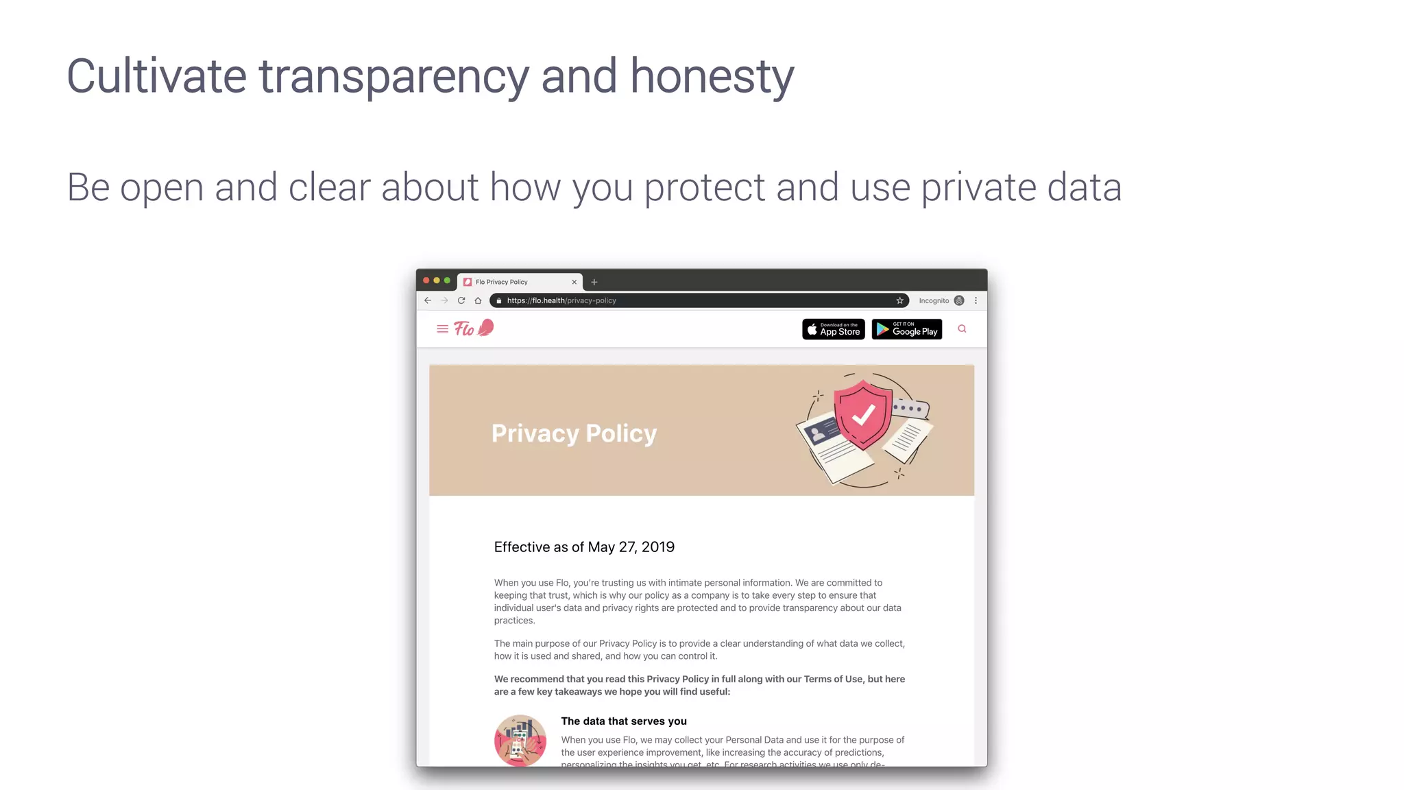 Cultivate transparency and honesty
Be open and clear about how you protect and use private data
 