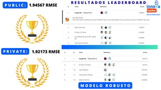 R E S U L T A D O S L E A D E R B O A R D
P U B L I C : 1.94567 RMSE
P R I V A T E : 1.92173 RMSE
M O D E L O R O B U S T O
 