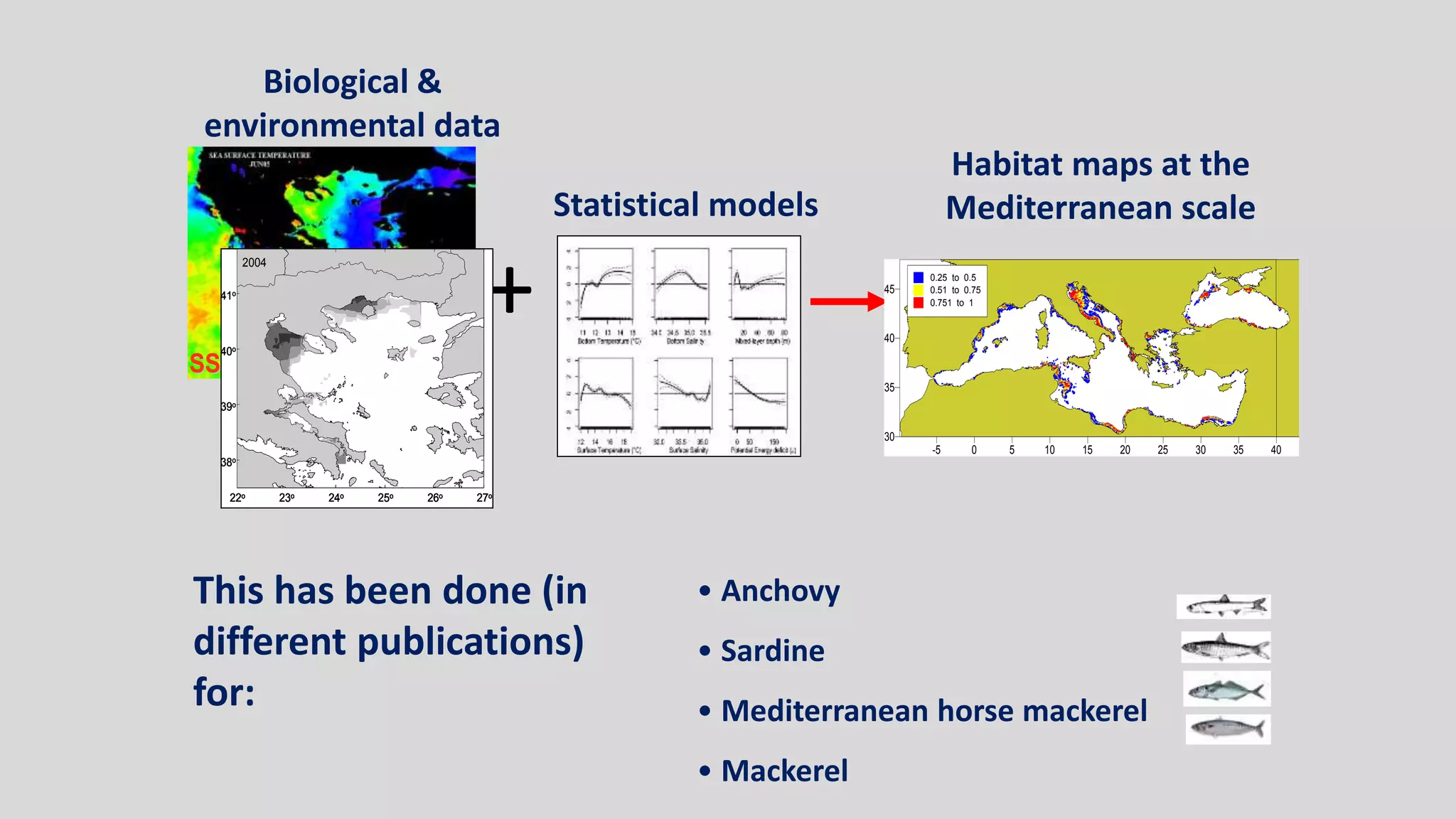 Statistical models
+
Habitat maps at the
Mediterranean scale
Biological &
environmental data
SST inSST in ooCCSST inSST in ooCC
22o 23o 24o 25o 26o 27o
38o
39o
40o
41o
2004
22o 23o 24o 25o 26o 27o
38o
39o
40o
41o
22o 23o 24o 25o 26o 27o22o 23o 24o 25o 26o 27o
38o
39o
40o
41o
2004
-5 0 5 10 15 20 25 30 35 40
30
35
40
45
0.25 to 0.5
0.51 to 0.75
0.751 to 1
This has been done (in
different publications)
for:
• Anchovy
• Sardine
• Mediterranean horse mackerel
• Mackerel