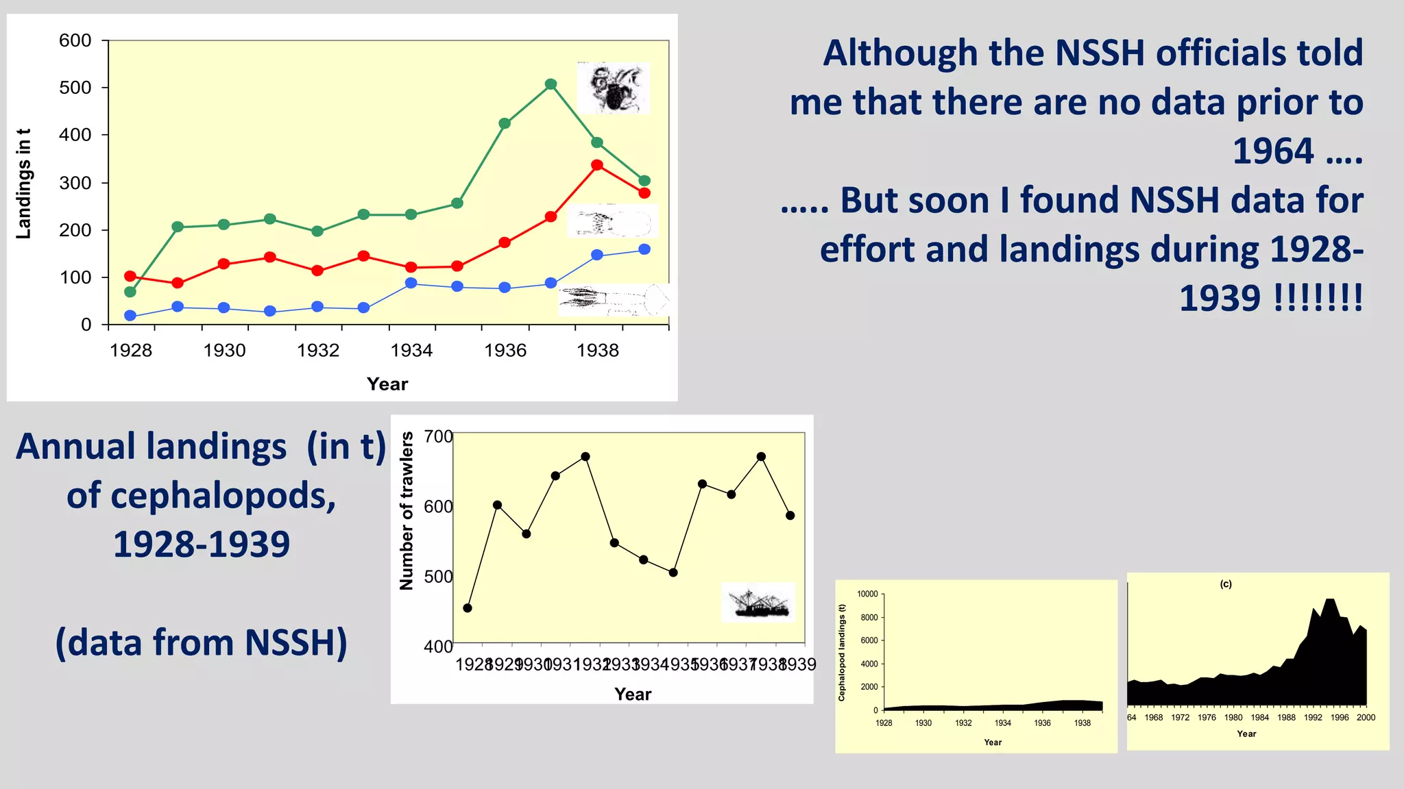 0
100
200
300
400
500
600
1928 1930 1932 1934 1936 1938
Year
Landingsint
Annual landings (in t)
of cephalopods,
1928-1939
(data from NSSH) 400
500
600
700
192819291930193119321933193419351936193719381939
Year
Numberoftrawlers
Although the NSSH officials told
me that there are no data prior to
1964 ….
….. But soon I found NSSH data for
effort and landings during 1928-
1939 !!!!!!!
(c)
0
2000
4000
6000
8000
10000
1964 1968 1972 1976 1980 1984 1988 1992 1996 2000
Year
Cephalopodlandings(int)
0
2000
4000
6000
8000
10000
1928 1930 1932 1934 1936 1938
Year
Cephalopodlandings(t)