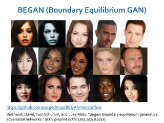 BEGAN (Boundary Equilibrium GAN)
Berthelot, David,Tom Schumm, and Luke Metz. "Began: Boundary equilibrium generative
adversarial networks." arXiv preprint arXiv:1703.10717(2017).
https://github.com/carpedm20/BEGAN-tensorflow
 