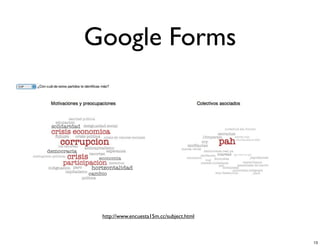 Google Forms

http://www.encuesta15m.cc/subject.html

13

 