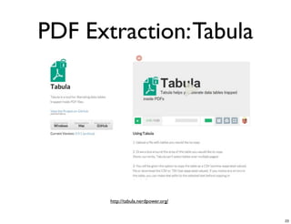 PDF Extraction: Tabula

http://tabula.nerdpower.org/

23

 