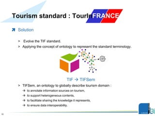 Tourism standard : TourInFRANCE
Présentation11
Solution
> Evolve the TIF standard.
> Applying the concept of ontology to represent the standard terminology.
TIF  TIFSem
> TIFSem, an ontology to globally describe tourism domain :
 to annotate information sources on tourism,
 to support heterogeneous contents,
 to facilitate sharing the knowledge it represents,
 to ensure data interoperability.
 