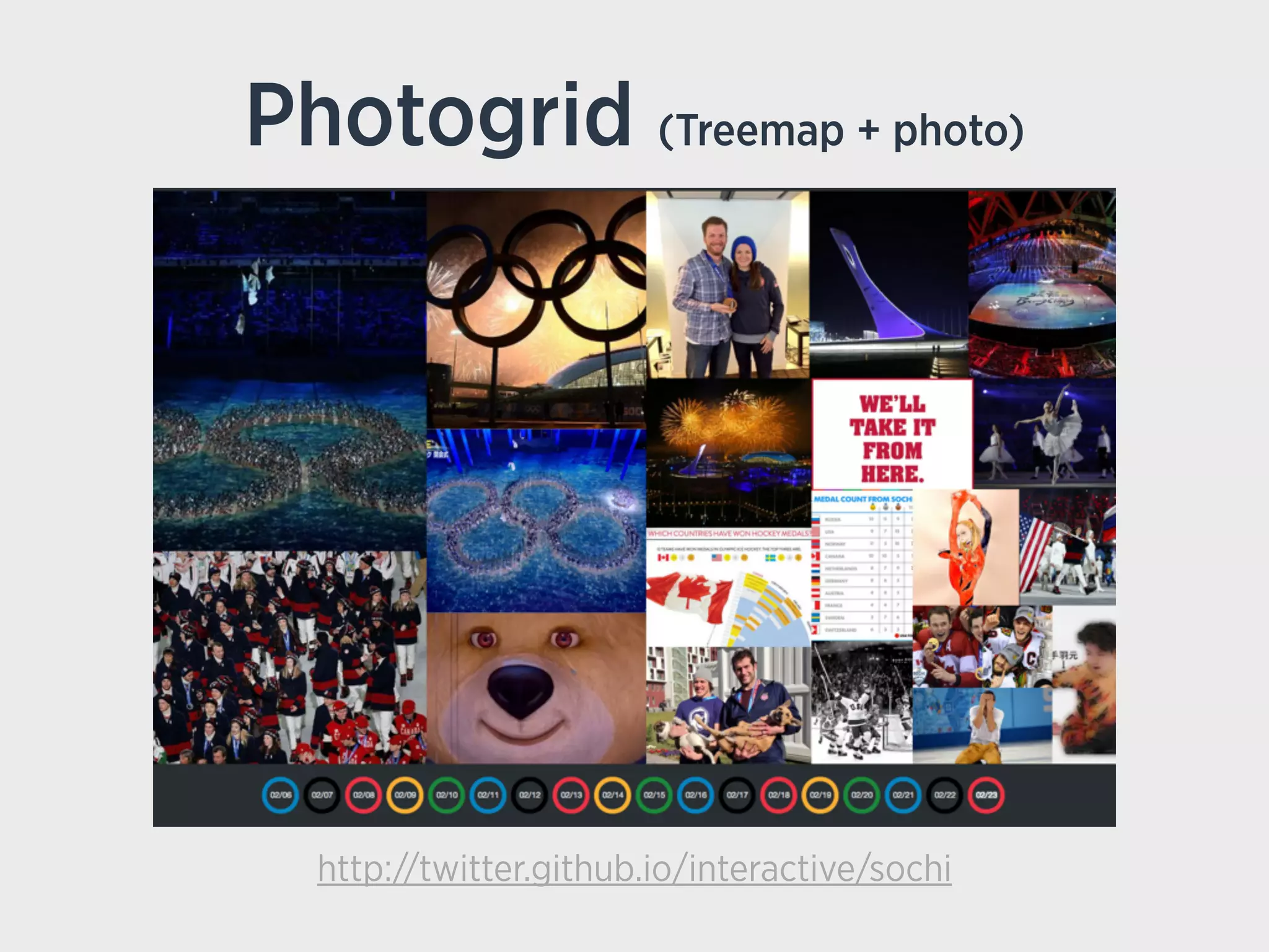 Photogrid (Treemap + photo)
http://twitter.github.io/interactive/sochi
 