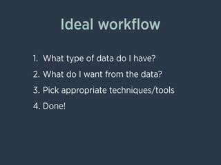 Ideal workﬂow
1. What type of data do I have?
2. What do I want from the data?
3. Pick appropriate techniques/tools
4. Don...