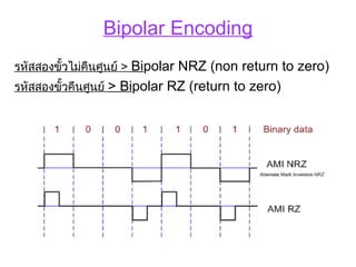 Bipolar Encoding
รหัสสองขั้วไม่คืนศูนย์ > Bipolar NRZ (non return to zero)
รหัสสองขั้วคืนศูนย์ > Bipolar RZ (return to zero)
 