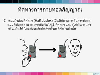 ทิศทางการถ่ายทอดสัญญาณ
2. แบบกึงสองทิศทาง (Half duplex) เป็นทิศทางการสื่อสารข้อมูล
         ่
   แบบที่ขอมูลสามารถส่งกลับกันได้ 2 ทิศทาง แต่จะไม่สามารถส่ง
           ้
   พร้อมกันได้ โดยต้องผลัดกันส่งครั้งละทิศทางเท่านั้น
 