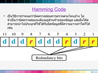 Hamming Code
• เป็นวิธีการกำาหนดว่าบิตตรวจสอบควรตรวจตรงไหนบ้าง ไม่
  จำาเป็นว่าบิตตรวจสอบจะต้องอยู่ส่วนท้ายของข้อมูล แฮมมิ่งโค้ด
  สามารถนำาไปประยุกต์ใช้ได้กับบิตข้อมูลทีมีความยาวเท่าใดก็ได้
                                         ่
  เช่น
 