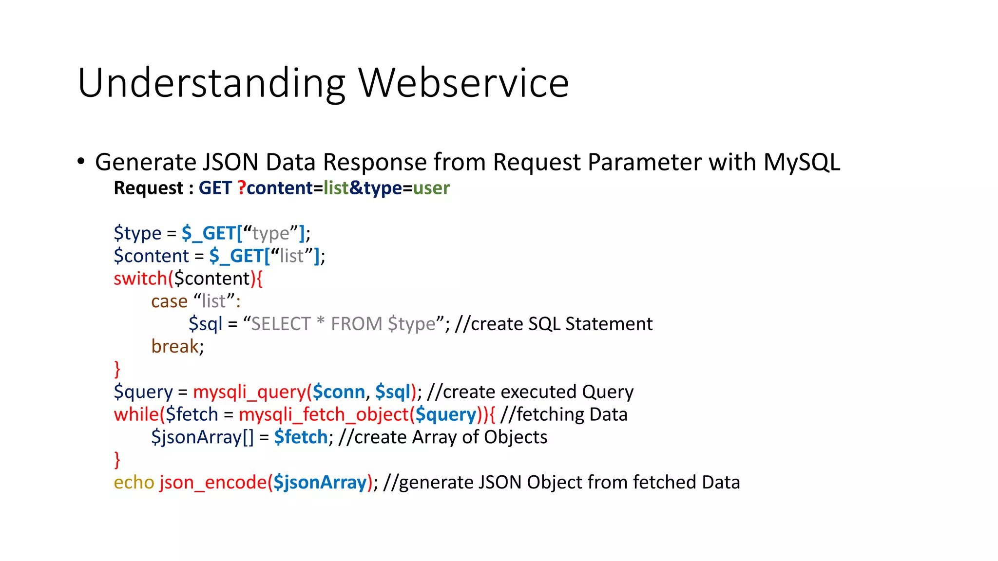 Understanding Webservice
• Generate JSON Data Response from Request Parameter with MySQL
Request : GET ?content=list&type=user
$type = $_GET[“type”];
$content = $_GET[“list”];
switch($content){
case “list”:
$sql = “SELECT * FROM $type”; //create SQL Statement
break;
}
$query = mysqli_query($conn, $sql); //create executed Query
while($fetch = mysqli_fetch_object($query)){ //fetching Data
$jsonArray[] = $fetch; //create Array of Objects
}
echo json_encode($jsonArray); //generate JSON Object from fetched Data
 