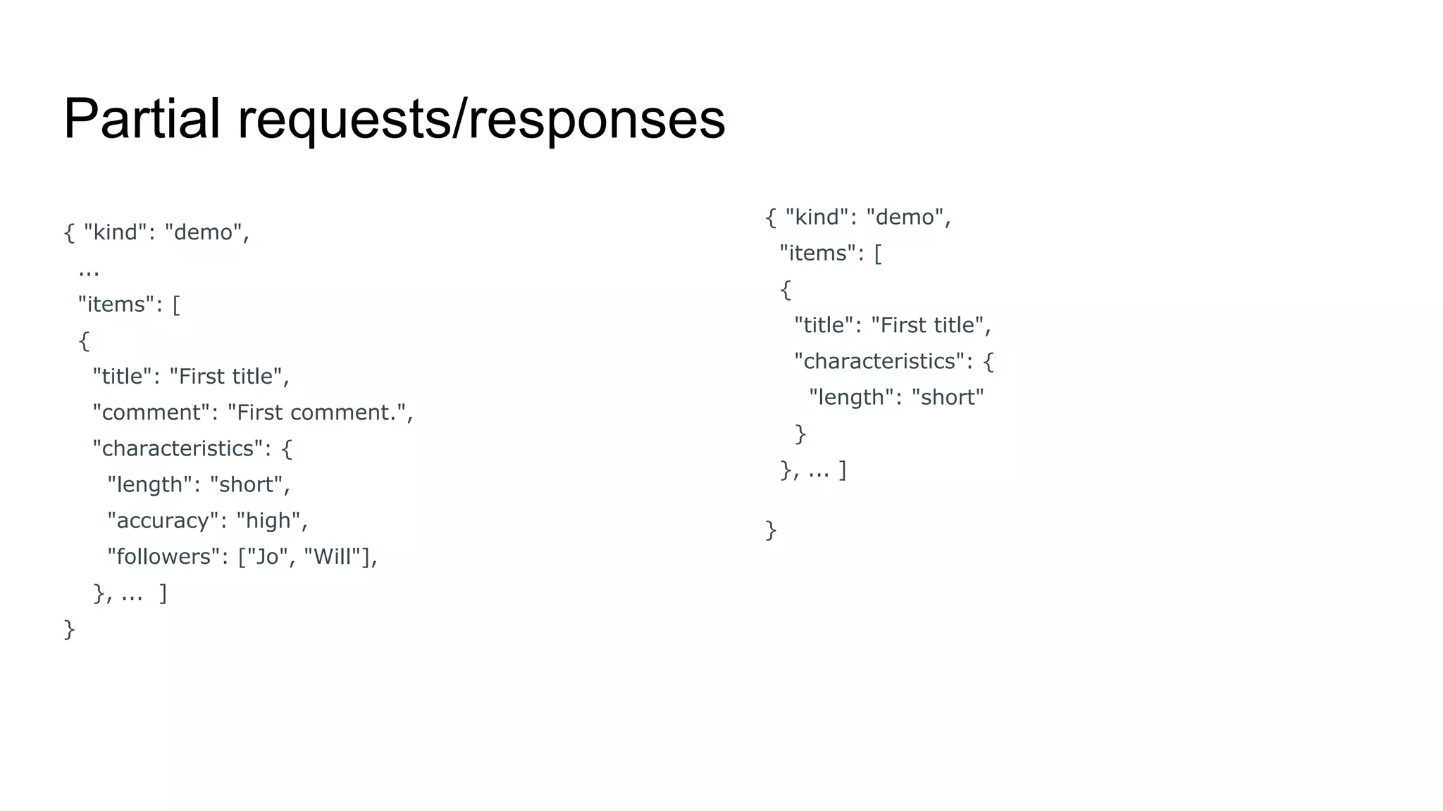 Partial requests/responses
{ "kind": "demo",
...
"items": [
{
"title": "First title",
"comment": "First comment.",
"characteristics": {
"length": "short",
"accuracy": "high",
"followers": ["Jo", "Will"],
}, ... ]
}
{ "kind": "demo",
"items": [
{
"title": "First title",
"characteristics": {
"length": "short"
}
}, ... ]
}
 