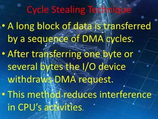 Cycle Stealing Technique
• A long block of data is transferred
by a sequence of DMA cycles.
• After transferring one byte or
several bytes the I/O device
withdraws DMA request.
• This method reduces interference
in CPU’s activities.
 