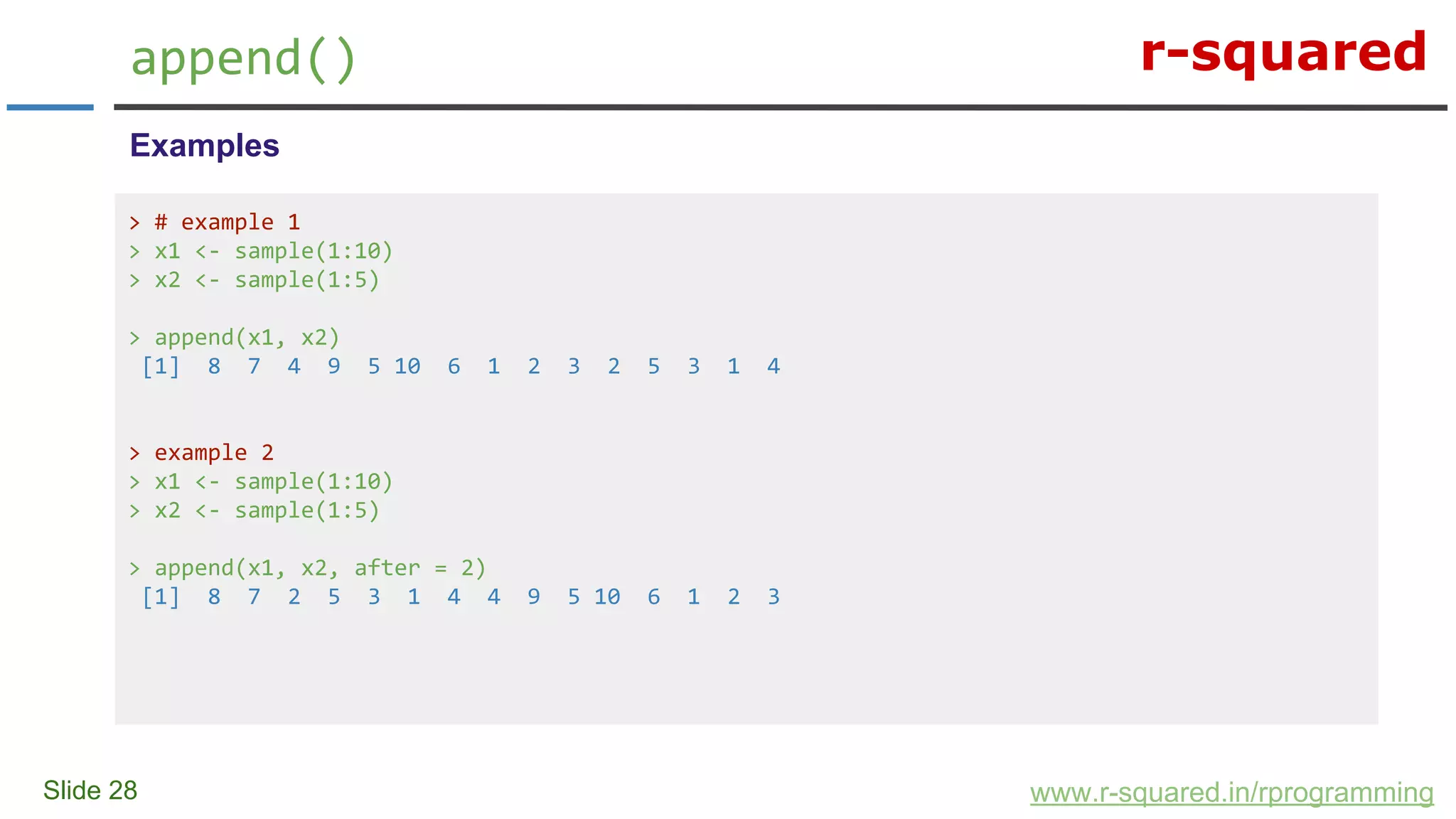 r-squared
Slide 28
append()
www.r-squared.in/rprogramming
Examples
> # example 1
> x1 <- sample(1:10)
> x2 <- sample(1:5)
> append(x1, x2)
[1] 8 7 4 9 5 10 6 1 2 3 2 5 3 1 4
> example 2
> x1 <- sample(1:10)
> x2 <- sample(1:5)
> append(x1, x2, after = 2)
[1] 8 7 2 5 3 1 4 4 9 5 10 6 1 2 3
 