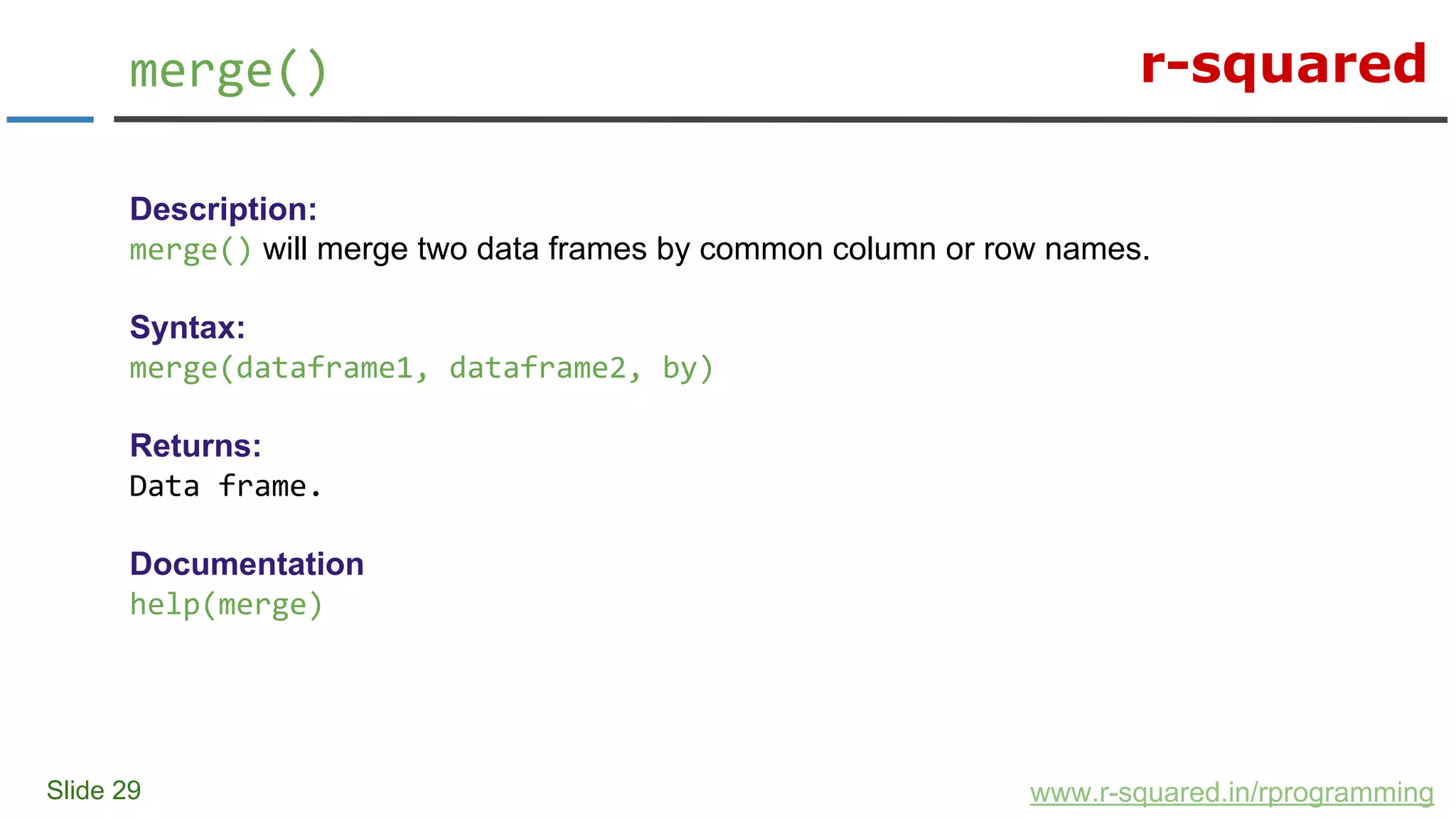 r-squared
Slide 29
merge()
www.r-squared.in/rprogramming
Description:
merge() will merge two data frames by common column or row names.
Syntax:
merge(dataframe1, dataframe2, by)
Returns:
Data frame.
Documentation
help(merge)
 