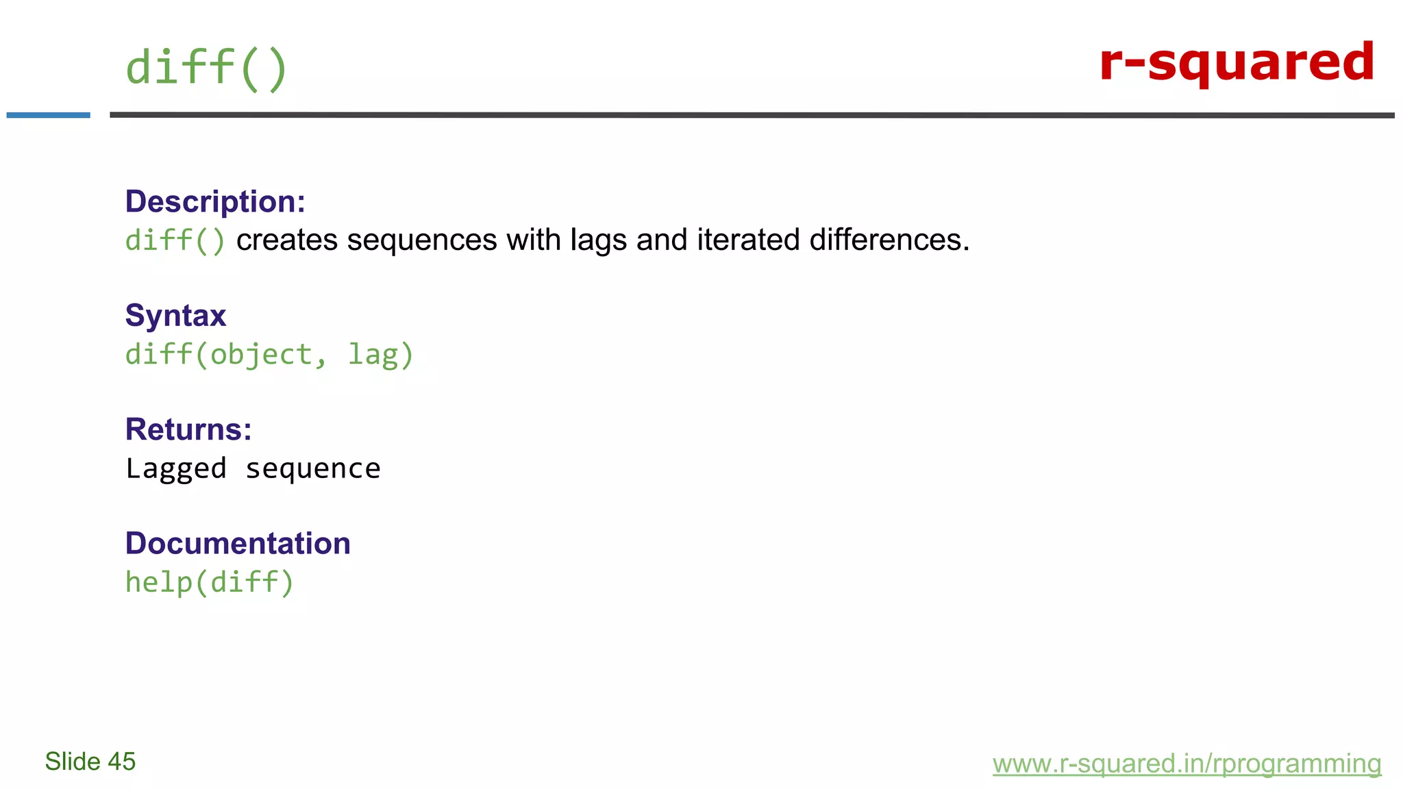 r-squared
Slide 45
diff()
www.r-squared.in/rprogramming
Description:
diff() creates sequences with lags and iterated differences.
Syntax
diff(object, lag)
Returns:
Lagged sequence
Documentation
help(diff)
 
