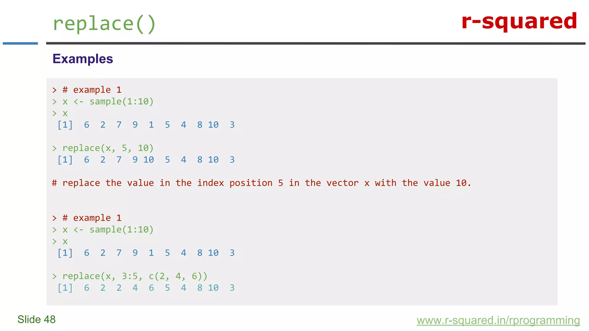 r-squared
Slide 48
replace()
www.r-squared.in/rprogramming
Examples
> # example 1
> x <- sample(1:10)
> x
[1] 6 2 7 9 1 5 4 8 10 3
> replace(x, 5, 10)
[1] 6 2 7 9 10 5 4 8 10 3
# replace the value in the index position 5 in the vector x with the value 10.
> # example 1
> x <- sample(1:10)
> x
[1] 6 2 7 9 1 5 4 8 10 3
> replace(x, 3:5, c(2, 4, 6))
[1] 6 2 2 4 6 5 4 8 10 3
 