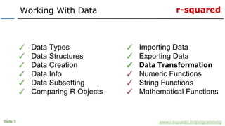 r-squared
Slide 3
Working With Data
www.r-squared.in/rprogramming
✓ Data Types
✓ Data Structures
✓ Data Creation
✓ Data Info
✓ Data Subsetting
✓ Comparing R Objects
✓ Importing Data
✓ Exporting Data
✓ Data Transformation
✓ Numeric Functions
✓ String Functions
✓ Mathematical Functions
 