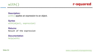 r-squared
Slide 53
with()
www.r-squared.in/rprogramming
Description:
with() applies an expression to an object.
Syntax
with(object, expression)
Returns:
Result of the expression
Documentation
help(with)
 