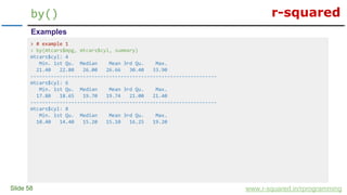 r-squared
Slide 58
by()
www.r-squared.in/rprogramming
Examples
> # example 1
> by(mtcars$mpg, mtcars$cyl, summary)
mtcars$cyl: 4
Min. 1st Qu. Median Mean 3rd Qu. Max.
21.40 22.80 26.00 26.66 30.40 33.90
----------------------------------------------------------------
mtcars$cyl: 6
Min. 1st Qu. Median Mean 3rd Qu. Max.
17.80 18.65 19.70 19.74 21.00 21.40
----------------------------------------------------------------
mtcars$cyl: 8
Min. 1st Qu. Median Mean 3rd Qu. Max.
10.40 14.40 15.20 15.10 16.25 19.20
 