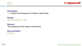 r-squared
Slide 6
t()
www.r-squared.in/rprogramming
Description:
t() returns the transpose of a matrix or data frame.
Syntax:
t(matrix/data frame)
Returns:
The transpose of the matrix or data frame.
Documentation
help(t)
 