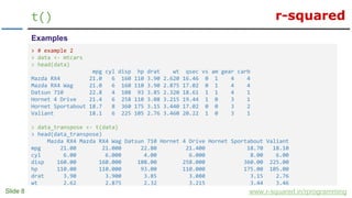 r-squared
Slide 8
t()
www.r-squared.in/rprogramming
Examples
> # example 2
> data <- mtcars
> head(data)
mpg cyl disp hp drat wt qsec vs am gear carb
Mazda RX4 21.0 6 160 110 3.90 2.620 16.46 0 1 4 4
Mazda RX4 Wag 21.0 6 160 110 3.90 2.875 17.02 0 1 4 4
Datsun 710 22.8 4 108 93 3.85 2.320 18.61 1 1 4 1
Hornet 4 Drive 21.4 6 258 110 3.08 3.215 19.44 1 0 3 1
Hornet Sportabout 18.7 8 360 175 3.15 3.440 17.02 0 0 3 2
Valiant 18.1 6 225 105 2.76 3.460 20.22 1 0 3 1
> data_transpose <- t(data)
> head(data_transpose)
Mazda RX4 Mazda RX4 Wag Datsun 710 Hornet 4 Drive Hornet Sportabout Valiant
mpg 21.00 21.000 22.80 21.400 18.70 18.10
cyl 6.00 6.000 4.00 6.000 8.00 6.00
disp 160.00 160.000 108.00 258.000 360.00 225.00
hp 110.00 110.000 93.00 110.000 175.00 105.00
drat 3.90 3.900 3.85 3.080 3.15 2.76
wt 2.62 2.875 2.32 3.215 3.44 3.46
 