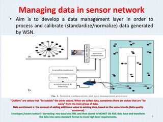 Managing data in sensor network
? Aim is to develop a data management layer in order to
  process and calibrate (standardize/normalize) data generated
  by WSN.




"Outliers" are values that "lie outside" the other values. When we collect data, sometimes there are values that are "far
                                            away" from the main group of data.
  Data enrichment is the concept of adding additional value to existing data, based on the some intents.(data quality
                                                        assurance)
 Envelopes /covers sensors harvesting row data into XML and then stored in MONET DB XML data base and transform
                          the data into some standard format to meet high level requirements.                               8
 