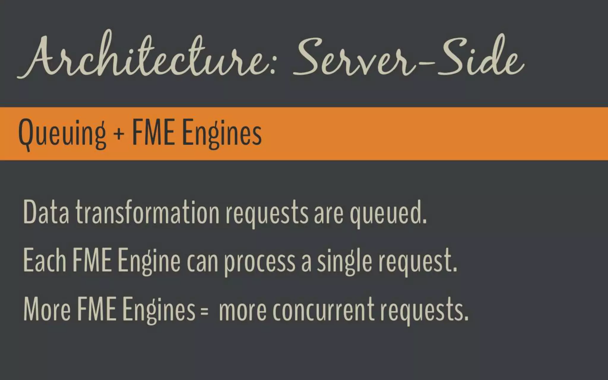 Architecture - Server-SideQueuing & FME
Engines
Data transformation requests are queued.
Each FME Engine can process a single request.
More FME Engines = more concurrent requests.
 