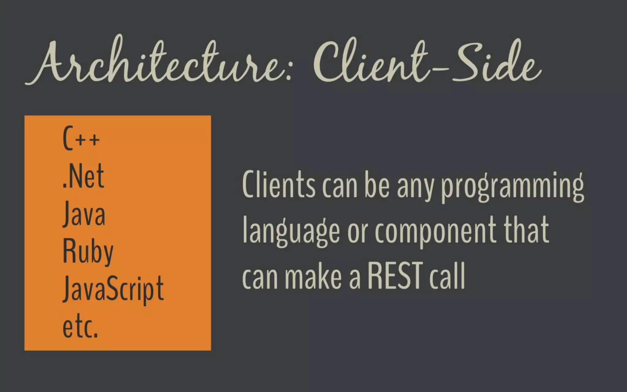 Architecture - Client-Side
Clients can be any programming language or
component that can make a REST call
C++
.Net
Java
Ruby
JavaScript
etc.
 