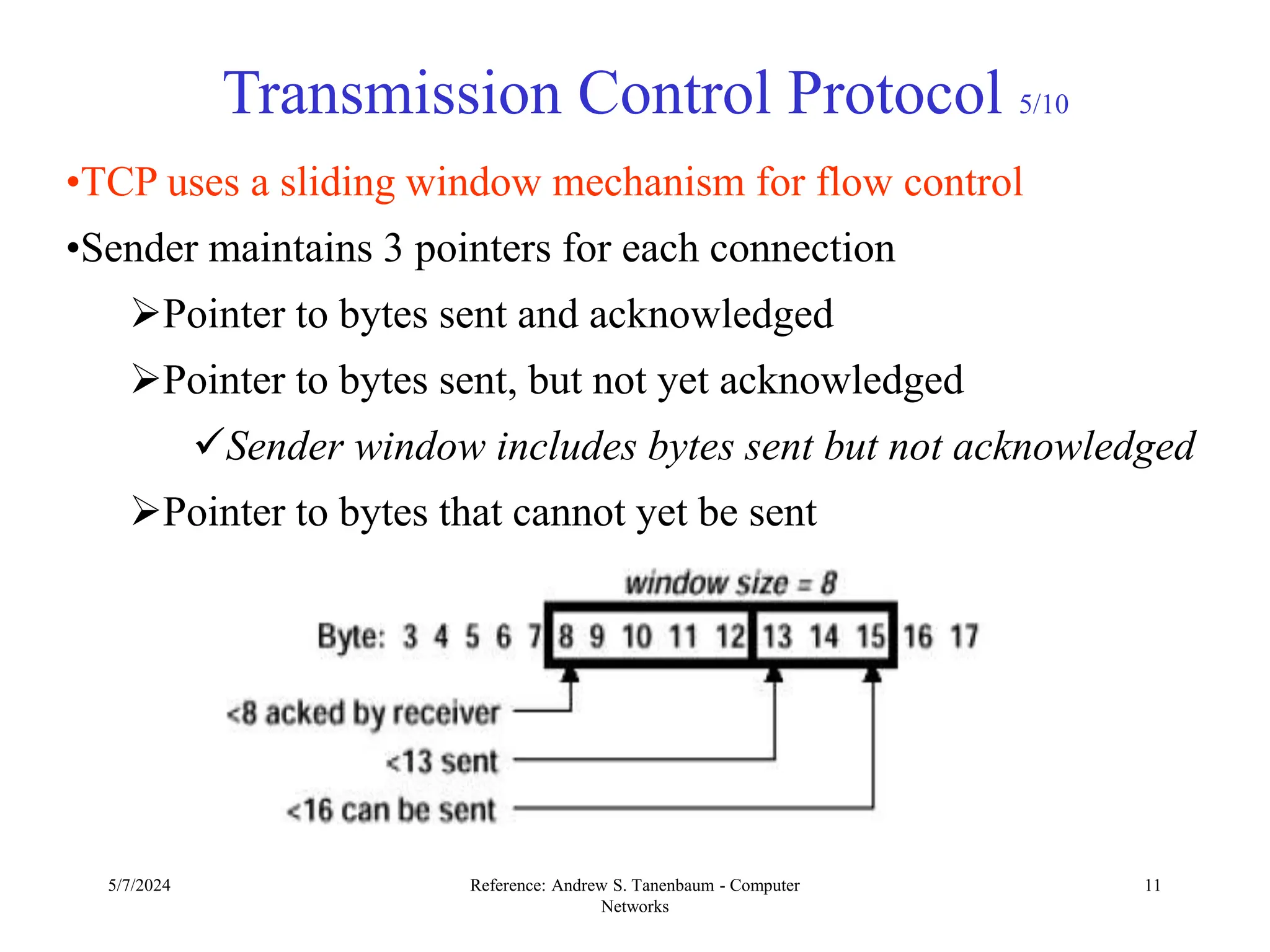 5/7/2024 Reference: Andrew S. Tanenbaum - Computer
Networks
11
Transmission Control Protocol 5/10
•TCP uses a sliding window mechanism for flow control
•Sender maintains 3 pointers for each connection
Pointer to bytes sent and acknowledged
Pointer to bytes sent, but not yet acknowledged
Sender window includes bytes sent but not acknowledged
Pointer to bytes that cannot yet be sent
 