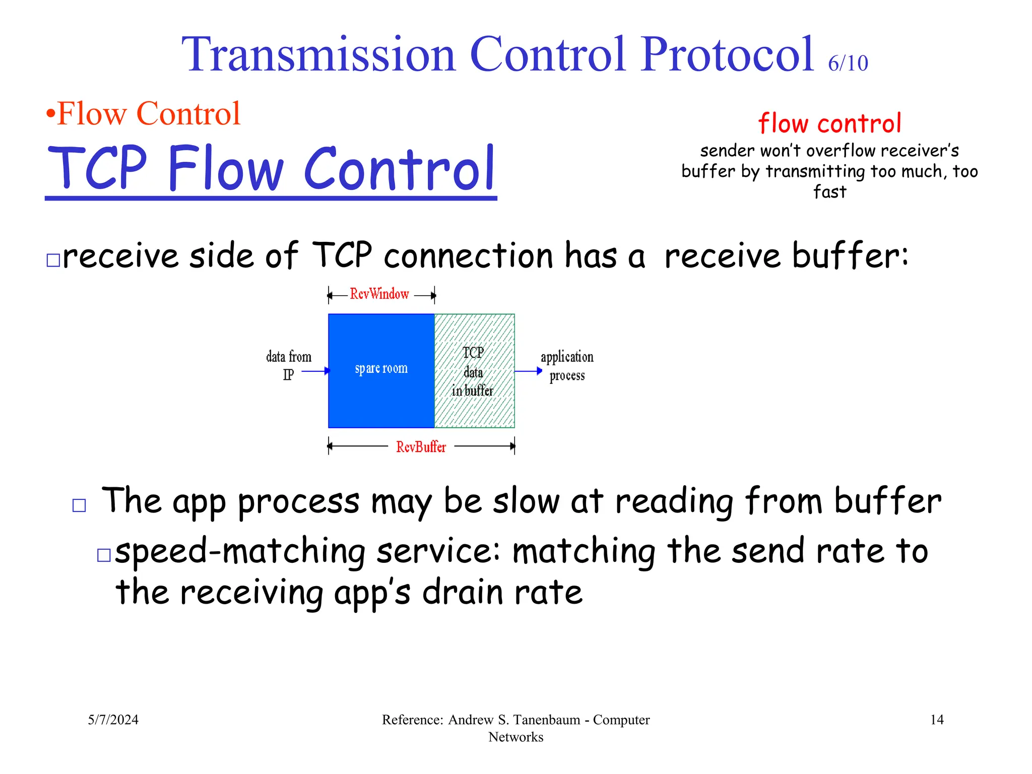 5/7/2024 Reference: Andrew S. Tanenbaum - Computer
Networks
14
Transmission Control Protocol 6/10
•Flow Control
TCP Flow Control
□receive side of TCP connection has a receive buffer:
□ The app process may be slow at reading from buffer
flow control
sender won’t overflow receiver’s
buffer by transmitting too much, too
fast
□speed-matching service: matching the send rate to
the receiving app’s drain rate
 