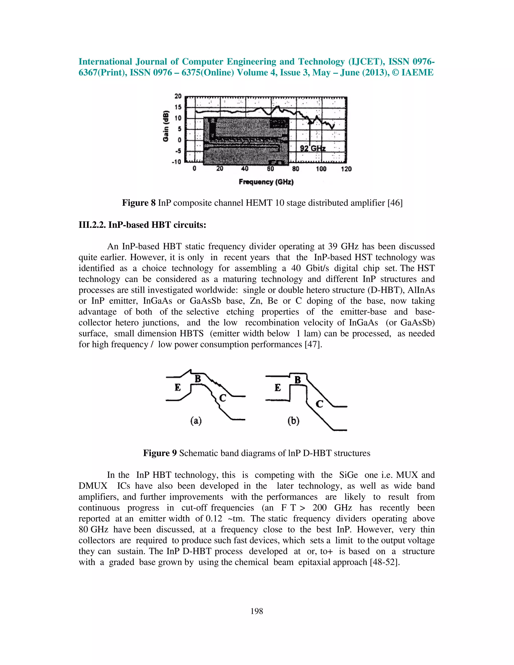 International Journal of Computer Engineering and Technology (IJCET), ISSN 0976-
6367(Print), ISSN 0976 – 6375(Online) Volume 4, Issue 3, May – June (2013), © IAEME
198
Figure 8 InP composite channel HEMT 10 stage distributed amplifier [46]
III.2.2. InP-based HBT circuits:
An InP-based HBT static frequency divider operating at 39 GHz has been discussed
quite earlier. However, it is only in recent years that the InP-based HST technology was
identified as a choice technology for assembling a 40 Gbit/s digital chip set. The HST
technology can be considered as a maturing technology and different InP structures and
processes are still investigated worldwide: single or double hetero structure (D-HBT), AlInAs
or InP emitter, InGaAs or GaAsSb base, Zn, Be or C doping of the base, now taking
advantage of both of the selective etching properties of the emitter-base and base-
collector hetero junctions, and the low recombination velocity of InGaAs (or GaAsSb)
surface, small dimension HBTS (emitter width below 1 lam) can be processed, as needed
for high frequency / low power consumption performances [47].
Figure 9 Schematic band diagrams of lnP D-HBT structures
In the InP HBT technology, this is competing with the SiGe one i.e. MUX and
DMUX ICs have also been developed in the later technology, as well as wide band
amplifiers, and further improvements with the performances are likely to result from
continuous progress in cut-off frequencies (an F T > 200 GHz has recently been
reported at an emitter width of 0.12 ~tm. The static frequency dividers operating above
80 GHz have been discussed, at a frequency close to the best InP. However, very thin
collectors are required to produce such fast devices, which sets a limit to the output voltage
they can sustain. The InP D-HBT process developed at or, to+ is based on a structure
with a graded base grown by using the chemical beam epitaxial approach [48-52].
 