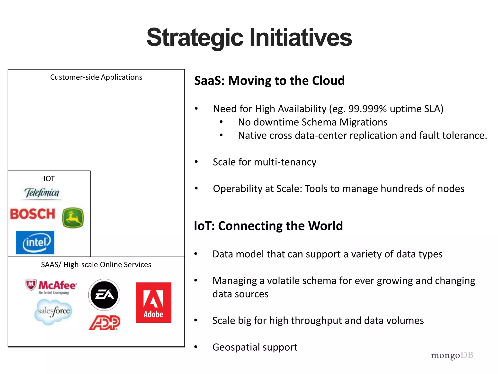 Strategic Initiatives 
Customer-side Applications 
IOT 
SAAS/ High-scale Online Services 
SaaS: Moving to the Cloud 
• Need for High Availability (eg. 99.999% uptime SLA) 
• No downtime Schema Migrations 
• Native cross data-center replication and fault tolerance. 
• Scale for multi-tenancy 
• Operability at Scale: Tools to manage hundreds of nodes 
IoT: Connecting the World 
• Data model that can support a variety of data types 
• Managing a volatile schema for ever growing and changing 
data sources 
• Scale big for high throughput and data volumes 
• Geospatial support 
 