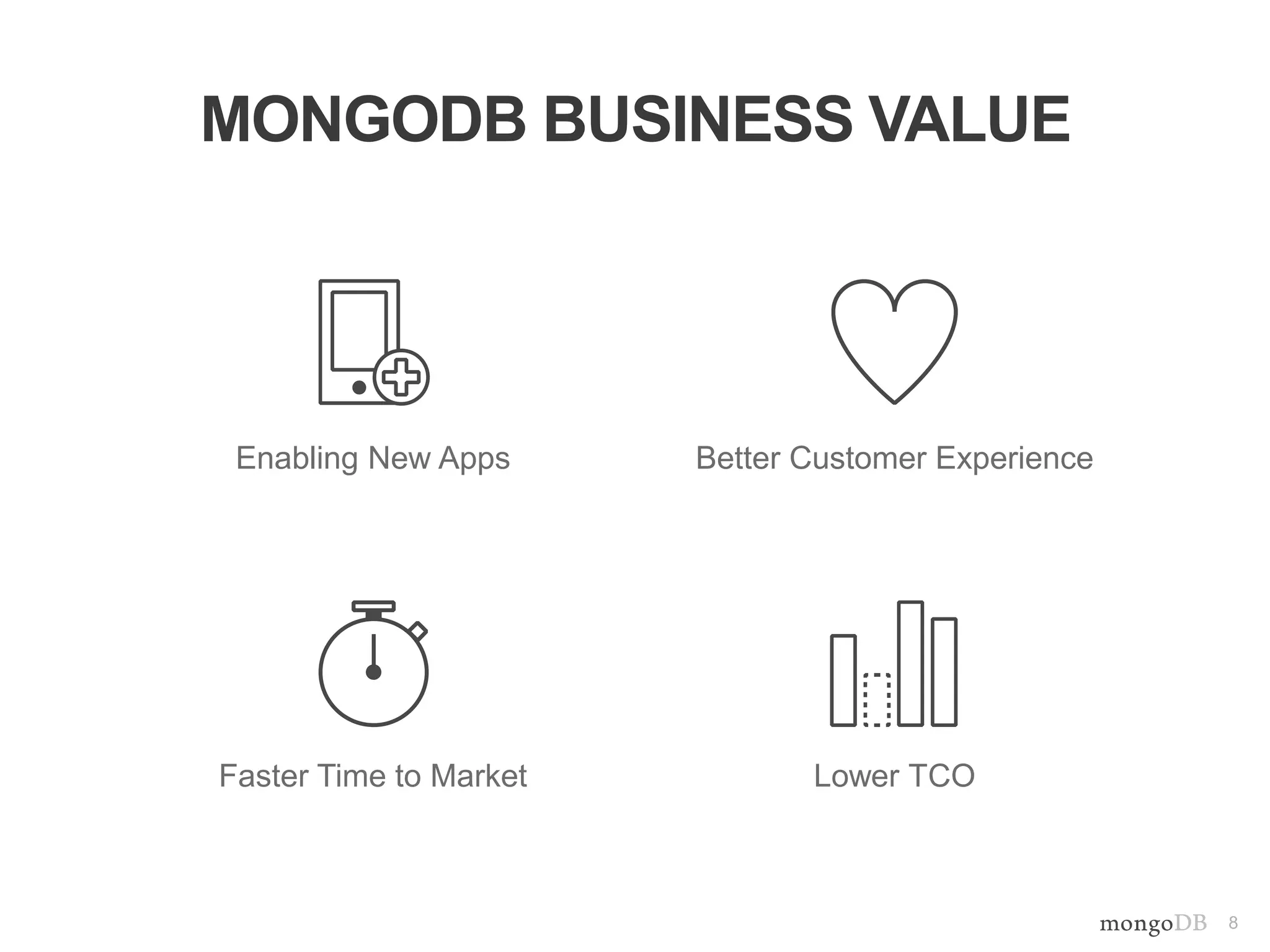 8 
MONGODB BUSINESS VALUE 
Enabling New Apps Better Customer Experience 
Faster Time to Market Lower TCO 
 