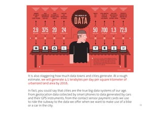 It is also staggering how much data towns and cities generate. At a rough
estimate, we will generate 4.1 terabytes per day per square kilometer of
urbanized land area by 2016.

In fact, you could say that cities are the true big data systems of our age.
From geolocation data collected by smart phones to data generated by cars
and their GPS instruments, from the contact sensor payment cards we use
to ride the subway to the data we oﬀer when we want to make use of a bike
or a car in the city.                                                          31	
  
 