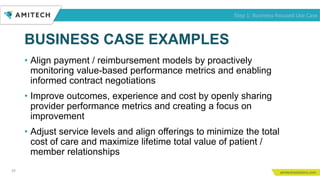 10
Step 1: Business-focused Use Case
• Align payment / reimbursement models by proactively
monitoring value-based performance metrics and enabling
informed contract negotiations
• Improve outcomes, experience and cost by openly sharing
provider performance metrics and creating a focus on
improvement
• Adjust service levels and align offerings to minimize the total
cost of care and maximize lifetime total value of patient /
member relationships
BUSINESS CASE EXAMPLES
 