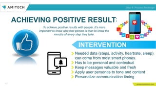 ACHIEVING POSITIVE RESULTS
17
To achieve positive results with people, it’s more
important to know who that person is than to know the
minutia of every step they take.
Needed data (steps, activity, heartrate, sleep)
can come from most smart phones.
Has to be personal and contextual
Keep messages valuable and fresh
Apply user personas to tone and content
Personalize communication timing
INTERVENTION
Step 4: Process Redesign
 
