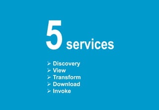 5     services
 Discovery
 View
 Transform
 Download
 Invoke
 