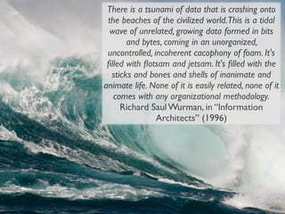 There is a tsunami of data that is crashing onto
 the beaches of the civilized world.This is a tidal
  wave of unrelated, growing data formed in bits
       and bytes, coming in an unorganized,
 uncontrolled, incoherent cacophony of foam. It's
 ﬁlled with ﬂotsam and jetsam. It's ﬁlled with the
  sticks and bones and shells of inanimate and
animate life. None of it is easily related, none of it
   comes with any organizational methodology.
     Richard Saul Wurman, in “Information
                Architects” (1996)
 