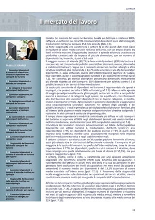 DATATUR




                                    IlIlmercato del lavoro
                                        mercato     lavoro

                                       L’analisi del mercato del lavoro nel turismo, basata sui dati Inps e relativa al 2008,
                                       raffigura un settore in cui circa 926 mila lavoratori dipendenti sono stati impiegati,
                                       mediamente nell’anno, da quasi 158 mila aziende (tab. 7.1).
                                       La forte stagionalità che caratterizza il settore fa sì che questi dati medi siano
                                       le risultanti di valori molto variabili nell’arco dell’anno, con un ampio divario tra
                                       livelli minimi e massimi. Il rapporto tra lavoratori e aziende evidenzia una struttura
                                       produttiva caratterizzata da imprese di piccole dimensioni, con un numero di
                                       dipendenti che, in media, è pari a 5,6 unità.
                                       Il maggior numero di aziende (80,7%) e lavoratori dipendenti (69%) del settore è
TABELLE E GRAFICI                      concentrato nel comparto dei pubblici esercizi (bar, ristoranti, mense, discoteche
                                       e stabilimenti balneari). Segue poi il comparto dei servizi ricettivi (alberghi e altre
7.1 Lavoratori dipendenti              strutture ricettive), che comprende il 14,7% delle aziende e il 26,1% dei lavoratori
e numero di aziende con                dipendenti, e, assai distaccati, quello dell’intermediazione (agenzie di viaggio,
lavoratori dipendenti nei
comparti del turismo                   tour operator, guide e accompagnatori turistici) e gli stabilimenti termali (graf.
                                       7.2). Per converso, gli esercizi alberghieri presentano dimensioni mediamente
7.2 Lavoratori dipendenti e            più elevate rispetto ad altri comparti: 10,4 dipendenti per azienda contro i 5 di
aziende per comparto
                                       pubblici esercizi e dei servizi di intermendiazione.
7.3 Le categorie di lavoratori         La quota più consistente di dipendenti nel turismo è rappresentata da operai e
nei comparti del turismo               impiegati, che pesano per oltre il 90% sul totale (graf. 7.3). Mentre nelle agenzie
7.4 Lavoratori dipendenti per
                                       di viaggio prevalgono nettamente gli impiegati, nei servizi ricettivi e nei pubblici
comparto e categoria                   esercizi a dominare è la categoria degli operai; più equilibrato, con riferimento
                                       alla distribuzione dei lavoratori dipendenti tra le diverse categorie, si mostra,
7.5 Le tipologie contrattuali nei      invece, il comparto termale. Agli occupati in posizione dipendente si aggiungono
comparti del turismo
                                       circa cinquecentomila lavoratori autonomi nel settore degli alberghi e dei
7.6 Lavoratori dipendenti              pubblici esercizi; si tratta in prevalenza dei titolari e dei collaboratori familiari, che
per comparto e tipologia               all’interno delle piccole e medie imprese svolgono funzioni direttive svolgendo il
contrattuale
                                       ruolo che in altri contesti è svolto da dirigenti e quadri.
7.7 La nazionalità dei lavoratori      Il tempo pieno rappresenta la modalità contrattuale più diffusa in tutti i comparti
nei comparti del turismo               del turismo: è superiore all’80% negli stabilimenti termali, nei servizi ricettivi e
7.8 Lavoratori dipendenti per          nell’intermediazione, si attesta intorno al 60% nei pubblici esercizi (graf. 7.5).
comparto e nazionalità                 L’incidenza dei lavoratori stranieri extracomunitari sul totale dell’occupazione
                                       dipendente nel settore turismo è, mediamente, dell’8,4% (graf.7.7): essi
7.9 Il sesso dei lavoratori nei        rappresentano il 9% dei dipendenti dei pubblici esercizi e l’8% di quelli delle
comparti del turismo
                                       imprese della ricettività, mentre sono assolutamente marginali nelle imprese
7.10 Lavoratori dipendenti per         dell’intermediazione turistica e negli stabilimenti termali.
comparto e sesso                       Il settore turistico si caratterizza per un’alta partecipazione femminile al lavoro,
7.11 Stagionalità dei lavoratori       assai più elevata che in altri settori dell’economia nazionale. Il comparto in cui
nei diversi comparti del               maggiore è la quota di lavoratrici è quello dell’intermediazione, dove le donne
turismo                                rappresentano il 77% dei dipendenti; quello in cui è minore è il ricettivo, dove
7.12 Lavoratori dipendenti e           trova impiego una quota relativamente più bassa di donne (il 55,5%), ma pur
numero di aziende nel turismo          sempre maggioritaria (graf. 7.9).
per regione                            Il settore, inoltre, come è noto, si caratterizza per uno spiccato andamento
7.13 Lavoratori dipendenti
                                       stagionale che determina evidenti effetti sulla dinamica dell’occupazione. Il
nei comparti del turismo per           rallentamento dell’attività in alcuni mesi dell’anno e la sua sospensione in altri
regione                                generano forti oscillazioni dei livelli occupazionali: nei mesi estivi (da giugno a
7.14 Lavoratori dipendenti e
                                       settembre) il numero medio dei dipendenti è del 13,1% superiore al valore
numero di aziende ricettive per        medio calcolato sull’intero anno (graf. 7.11). Il fenomeno della stagionalità
tipologia                              incide maggiormente sulle dinamiche occupazionali dei servizi ricettivi, mentre
                                       condiziona in maniera molto più marginale il comparto dell’intermediazione.
7.15 Stagionalità dei lavoratori
nelle aziende ricettive per
macrotipologia                         All’interno del comparto ricettivo, gli alberghi rappresentano la tipologia prevalente
                                       incidendo per l’82,2% in termini di lavoratori dipendenti e per il 75,9% in termini
7.16 Lavoratori dipendenti e
numero di alberghi per regione         di aziende (tab. 7.14). A seguito del fenomeno della stagionalità, particolarmente
                                       incisivo per gli esercizi alberghieri, il maggior numero di dipendenti si riscontra
7.17 Lavoratori dipendenti             nei mesi di luglio e agosto (+36% rispetto alla media annua) mentre a novembre
e numero di alberghi per               le chiusure degli esercizi portano ad una decrescita rispetto alla media annua del
provincia
                                       22% (graf. 7.15).


                                                                                                                              53
 