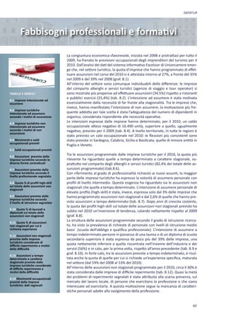 DATATUR




        Fabbisogni professionali e formativi

                                     La congiuntura economica sfavorevole, iniziata nel 2008 e protrattasi per tutto il
                                     2009, ha frenato le previsioni occupazionali degli imprenditori del turismo per il
                                     2010. Dall’analisi dei dati del sistema informativo Excelsior di Unioncamere emer-
                                     ge che, nel settore turistico, la quota d’imprese che hanno programmato di effet-
                                     tuare assunzioni nel corso del 2010 si è attestata intorno al 27%, a fronte del 35%
                                     nel 2009 e del 39% nel 2008 (graf. 8.1).
                                     All’interno del settore sono comunque individuabili delle differenze: le imprese
                                     del comparto alberghi e servizi turistici (agenzie di viaggio e tour operator) si
TABELLE E GRAFICI                    sono mostrate più propense ad effettuare assunzioni (34,5%) rispetto a ristoranti
                                     e pubblici esercizi (25,4%) (tab. 8.2). L’intenzione ad assumere è stata motivata
8.1 Imprese intenzionate ad
assumere                             essenzialmente dalla necessità di far fronte alla stagionalità. Tra le imprese che,
                                     invece, hanno manifestato l’intenzione di non assumere, la motivazione più fre-
8.2 Imprese turistiche
intenzionate ad assumere             quente addotta per tale scelta è stata l’adeguatezza del numero di dipendenti in
secondo i motivi di assunzione       organico, considerata rispondente alle necessità operative.
8.3 Imprese turistiche non
                                     Le intenzioni espresse dalle imprese hanno determinato, per il 2010, un saldo
intenzionate ad assumere             occupazionale atteso negativo di 16.490 unità, superiore a quello, ugualmente
secondo i motivi di non              negativo, previsto per il 2009 (tab. 8.4). A livello territoriale, in tutte le regioni è
assunzione
                                     stato previsto un calo occupazionale nel 2010: le flessioni più consistenti sono
8.4 Movimenti e saldi                state previste in Sardegna, Calabria, Sicilia e Basilicata; quelle di minore entità in
occupazionali previsti
                                     Puglia e Veneto.
8.5 Saldi occupazionali previsti

8.6 Assunzioni previste dalle
                                     Tra le assunzioni programmate dalle imprese turistiche per il 2010, la quota più
imprese turistiche secondo le        rilevante ha riguardato quelle a tempo determinato a carattere stagionale, so-
diverse forme contrattuali           prattutto nel comparto degli alberghi e servizi turistici (82,4% del totale delle as-
8.7 Assunzioni previste dalle        sunzioni programmate) (tab.8.6).
imprese turistiche secondo il        Con riferimento al grado di professionalità richiesto ai nuovi assunti, la maggior
livello professionale segnalato
                                     parte delle imprese turistiche ha espresso la volontà di assumere personale con
8.8 Quota % di profili high-skill    profili di livello intermedio. Questa esigenza ha riguardato sia le assunzioni non
sul totale delle assunzioni non      stagionali che quelle a tempo determinato. L’intenzione di assumere personale di
stagionali
                                     elevato profilo (high-skill) è stata, invece, espressa solo dal 3% delle imprese che
8.9 Assunzioni previste dalle        hanno programmato assunzioni non stagionali e dal 2,6% di quelle che hanno pre-
imprese turistiche secondo
il livello di istruzione segnalato   visto assunzioni a tempo determinato (tab. 8.7). Dopo anni di crescita costante,
                                     la quota dei profili high-skill sul totale delle assunzioni non stagionali previste ha
8.10 Quota % di laureati e
diplomati sul totale delle           subito nel 2010 un’inversione di tendenza, calando nettamente rispetto al 2009
assunzioni non stagionali            (graf. 8.8).
                                     La struttura delle assunzioni programmate secondo il grado di istruzione ricerca-
8.11 Quota % di assunzioni
non stagionali per cui è             to, ha visto la prevalenza di richieste di personale con livelli di istruzione medio
richiesta esperienza                 bassi (scuola dell’obbligo e qualifica professionale). L’intenzione di assumere a
8.12 Assunzioni non stagionali       tempo indeterminato persone in possesso di una laurea o di un diploma di scuola
previste dalle imprese               secondaria superiore è stata espressa da poco più del 39% delle imprese, una
turistiche considerate di
difficile reperimento e motivi       quota nettamente inferiore a quella riscontrata nell’insieme dell’industria e dei
della difficoltà                     servizi (56%) e in calo, per la prima volta, rispetto all’anno precedente (tab. 8.9 e
                                     graf. 8.10). In forte calo, tra le assunzioni previste a tempo indeterminato, è risul-
8.13 Assunzioni a tempo
determinato a carattere              tata anche la quota di quelle per cui si richiede un’esperienza specifica, maturata
stagionale previste dalle            nel settore (dal 59% del 2008 al 53% del 2010).
imprese turistiche considerate
di difficile reperimento e           All’interno delle assunzioni non stagionali programmate per il 2010, circa il 30% è
motivi della difficoltà              stata considerata dalle imprese di difficile reperimento (tab. 8.12). Quasi la metà
8.14 Movimenti occupazionali
                                     dei problemi di reperimento segnalati è stata attribuita alla scarsa presenza, sul
previsti dalle imprese               mercato del lavoro locale, di persone che esercitano la professione o che siano
turistiche: dati regionali           interessate ad esercitarla. A questa motivazione segue la mancanza di caratteri-
                                     stiche personali adatte allo svolgimento della professione.


                                                                                                                          63
 