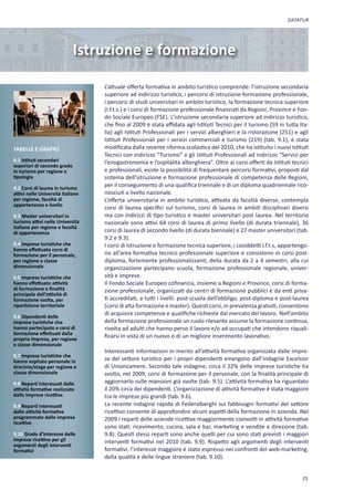 DATATUR




                              Istruzione e formazione

                                   L’attuale offerta formativa in ambito turistico comprende: l’istruzione secondaria
                                   superiore ad indirizzo turistico, i percorsi di istruzione-formazione professionale,
                                   i percorsi di studi universitari in ambito turistico, la formazione tecnica superiore
                                   (I.f.t.s.) e i corsi di formazione professionale finanziati da Regioni, Province e Fon-
                                   do Sociale Europeo (FSE). L’istruzione secondaria superiore ad indirizzo turistico,
                                   che fino al 2009 è stata affidata agli Istituti Tecnici per il turismo (59 in tutta Ita-
                                   lia) agli Istituti Professionali per i servizi alberghieri e la ristorazione (251) e agli
                                   Istituti Professionali per i servizi commerciali e turismo (219) (tab. 9.1), è stata
TABELLE E GRAFICI                  modificata dalla recente riforma scolastica del 2010, che ha istituito i nuovi Istituti
                                   Tecnici con indirizzo “Turismo” e gli Istituti Professionali ad indirizzo “Servizi per
9.1 Istituti secondari             l’enogastronomia e l’ospitalità alberghiera”. Oltre ai corsi offerti da Istituti tecnici
superiori di secondo grado
in turismo per regione e           e professionali, esiste la possibilità di frequentare percorsi formativi, proposti dal
tipologia                          sistema dell’istruzione e formazione professionale di competenza delle Regioni,
9.2 Corsi di laurea in turismo
                                   per il conseguimento di una qualifica triennale e di un diploma quadriennale rico-
attivi nelle Università italiane   nosciuti a livello nazionale.
per regione, facoltà di            L’offerta universitaria in ambito turistico, attivata da facoltà diverse, contempla
appartenenza e livello
                                   corsi di laurea specifici sul turismo, corsi di laurea in ambiti disciplinari diversi
9.3 Master universitari in         ma con indirizzi di tipo turistico e master universitari post laurea. Nel territorio
turismo attivi nelle Università    nazionale sono attivi 64 corsi di laurea di primo livello (di durata triennale), 36
italiane per regione e facoltà
di appartenenza                    corsi di laurea di secondo livello (di durata biennale) e 27 master universitari (tab.
                                   9.2 e 9.3).
9.4 Imprese turistiche che         I corsi di Istruzione e formazione tecnica superiore, i cosiddetti I.f.t.s, appartengo-
hanno effettuato corsi di
formazione per il personale,       no all’area formativa tecnico professionale superiore e consistono in corsi post-
per regione e classe               diploma, fortemente professionalizzanti, della durata da 2 a 4 semestri, alla cui
dimensionale                       organizzazione partecipano scuola, formazione professionale regionale, univer-
9.5 Imprese turistiche che         sità e imprese.
hanno effettuato attività          Il Fondo Sociale Europeo cofinanzia, insieme a Regioni e Province, corsi di forma-
di formazione e finalità           zione professionale, organizzati da centri di formazione pubblici e da enti priva-
principale dell’attività di
formazione svolta, per             ti accreditati, a tutti i livelli: post-scuola dell’obbligo, post-diploma e post-laurea
ripartizione territoriale          (corsi di alta formazione e master). Questi corsi, in prevalenza gratuiti, consentono
9.6 Dipendenti delle
                                   di acquisire competenze e qualifiche richieste dal mercato del lavoro. Nell’ambito
imprese turistiche che             della formazione professionale un ruolo rilevante assume la formazione continua,
hanno partecipato a corsi di       rivolta ad adulti che hanno perso il lavoro e/o ad occupati che intendono riquali-
formazione effettuati dalla
propria impresa, per regione
                                   ficarsi in vista di un nuovo o di un migliore inserimento lavorativo.
e classe dimensionale
                                   Interessanti informazioni in merito all’attività formativa organizzata dalle impre-
9.7 Imprese turistiche che
hanno ospitato personale in        se del settore turistico per i propri dipendenti emergono dall’indagine Excelsior
tirocinio/stage per regione e      di Unioncamere. Secondo tale indagine, circa il 22% delle imprese turistiche ha
classe dimensionale                svolto, nel 2009, corsi di formazione per il personale, con la finalità principale di
9.8 Reparti interessati dalle      aggiornarlo sulle mansioni già svolte (tab. 9.5). L’attività formativa ha riguardato
attività formative realizzate      il 20% circa dei dipendenti. L’organizzazione di attività formative è stata maggiore
dalle imprese ricettive            tra le imprese più grandi (tab. 9.6).
9.9 Reparti interessati            La recente indagine rapida di Federalberghi sui fabbisogni formativi del settore
dalle attività formative           ricettivo consente di approfondire alcuni aspetti della formazione in azienda. Nel
programmate dalle imprese          2009 i reparti delle aziende ricettive maggiormente coinvolti in attività formative
ricettive
                                   sono stati: ricevimento, cucina, sala e bar, marketing e vendite e direzione (tab.
9.10 Grado d’interesse delle       9.8). Questi stessi reparti sono anche quelli per cui sono stati previsti i maggiori
imprese ricettive per gli          interventi formativi nel 2010 (tab. 9.9). Rispetto agli argomenti degli interventi
argomenti degli interventi
formativi                          formativi, l’interesse maggiore è stato espresso nei confronti del web-marketing,
                                   della qualità e delle lingue straniere (tab. 9.10).


                                                                                                                         71
 